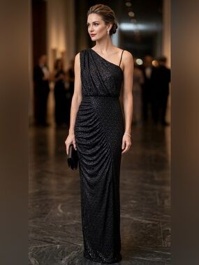 Taylor One Shoulder Black Metallic Ruched Maxi Gown - Size 14 - Formal